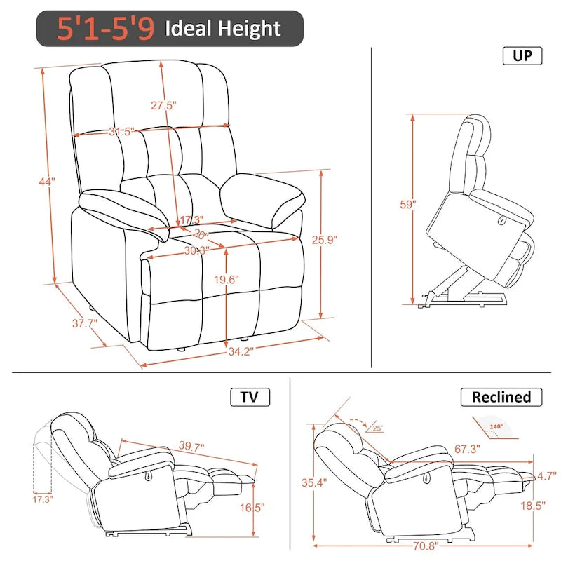 Fauteuil inclinable électrique MCombo avec massage, chauffage, appui-tête réglable et repose-pieds extensible (PU/tissu)