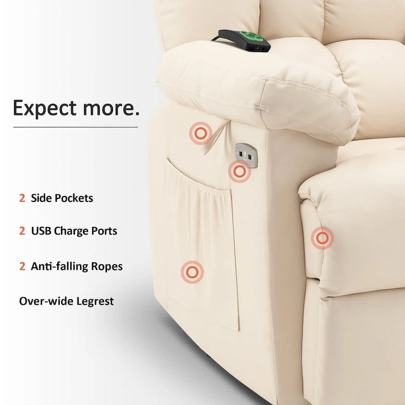 Fauteuil inclinable électrique MCombo avec massage, chauffage, appui-tête réglable et repose-pieds extensible (PU/tissu)