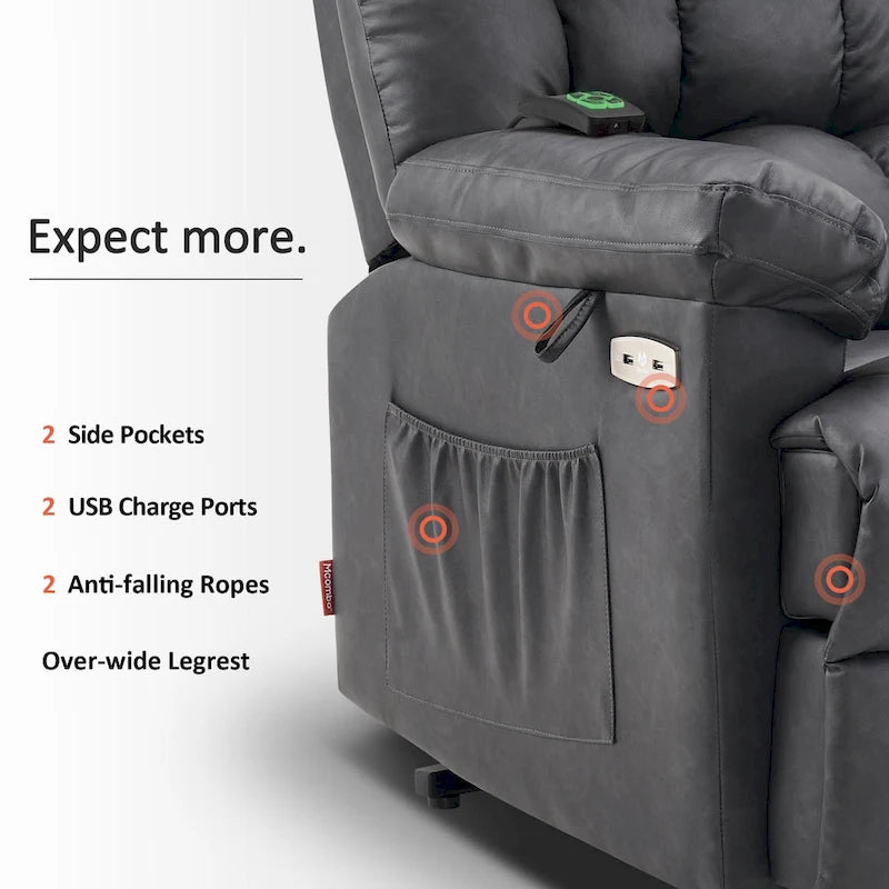Fauteuil inclinable électrique MCombo avec massage, chauffage, appui-tête réglable et repose-pieds extensible (PU/tissu)