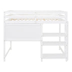 Lit mezzanine en bois pleine grandeur avec étagères, bureau et tableau blanc
