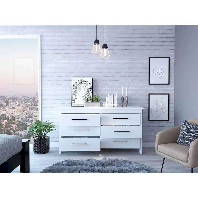 Commode rectangulaire Southington à 6 tiroirs, chêne clair et blanc