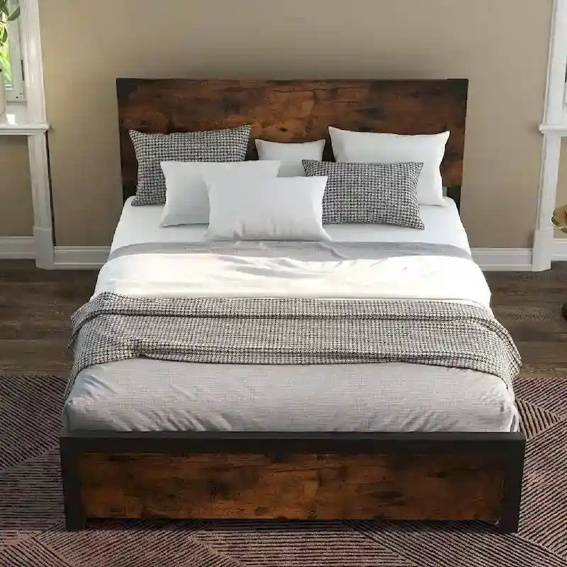 Cadre de lit rustique Queen Size avec tête de lit en bois