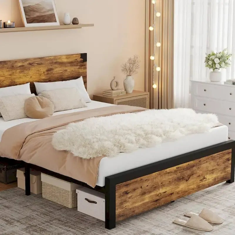 Cadre de lit rustique Queen Size avec tête de lit en bois