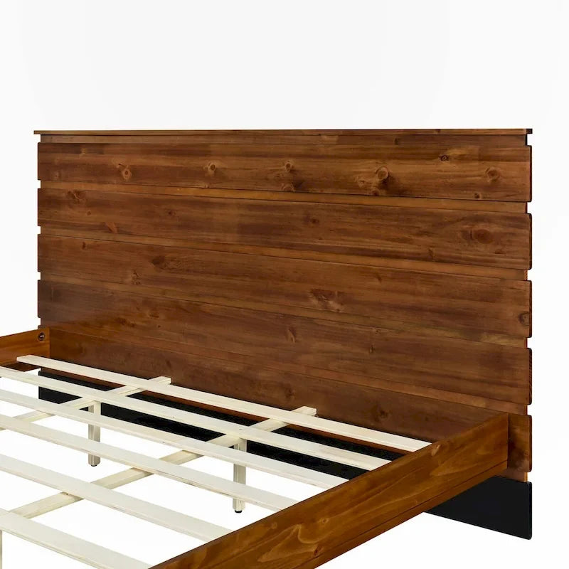 Lit plateforme en bois massif de taille King avec tête de lit en six parties