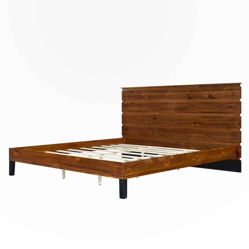 Lit plateforme en bois massif de taille King avec tête de lit en six parties