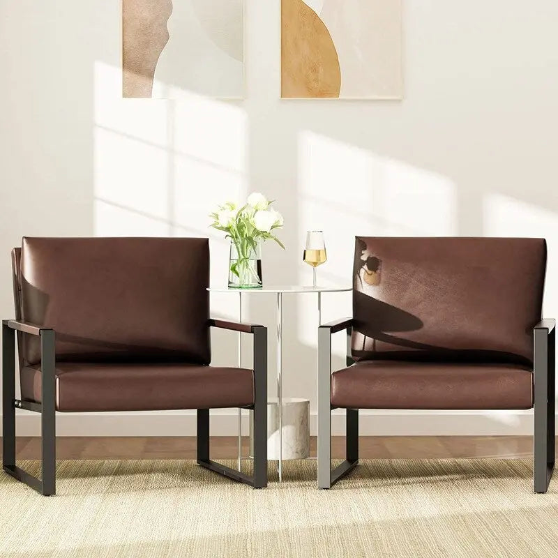 Eureka Modern Vintage Upholstered PU Leather Armchairs, Mid Century Accent Chairs with Steel Frame, Leisure Chairs (Set of 2)