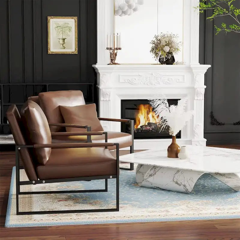 Fauteuils Eureka Modern Vintage en cuir PU rembourré, fauteuils d'appoint style milieu du siècle avec structure en acier, fauteuils de loisirs (lot de 2)