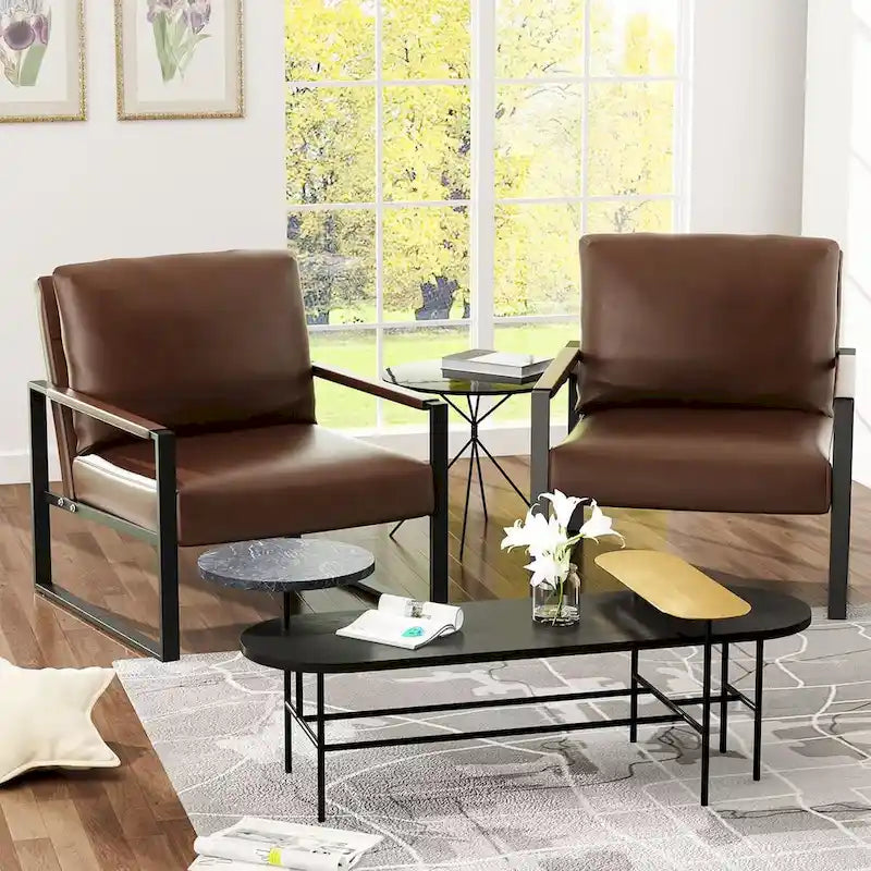 Fauteuils Eureka Modern Vintage en cuir PU rembourré, fauteuils d'appoint style milieu du siècle avec structure en acier, fauteuils de loisirs (lot de 2)
