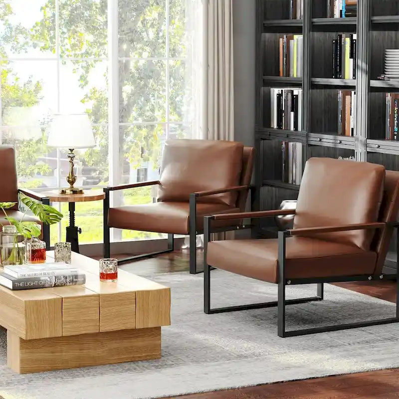 Fauteuils Eureka Modern Vintage en cuir PU rembourré, fauteuils d'appoint style milieu du siècle avec structure en acier, fauteuils de loisirs (lot de 2)