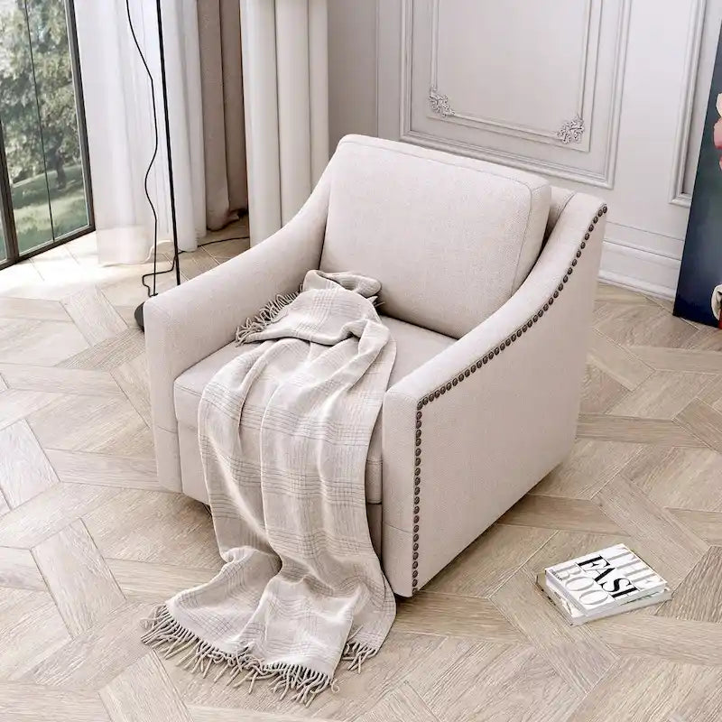 Fauteuil pivotant à 360 degrés, en lin mélangé gris, revêtement en velours doux et moderne, pieds noirs, pour l'intérieur.