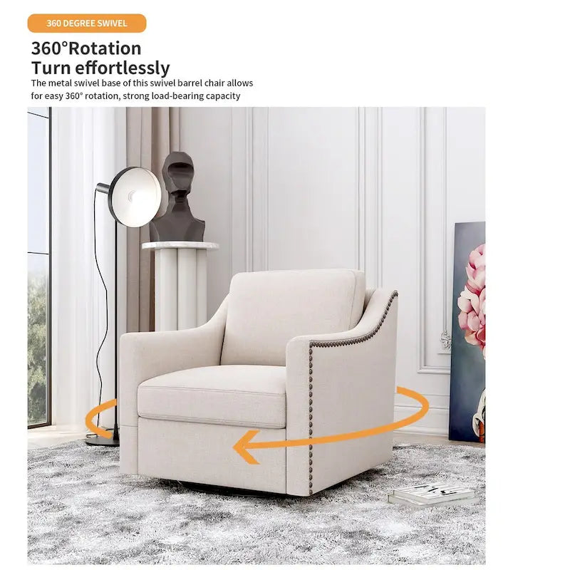 Fauteuil pivotant à 360 degrés, en lin mélangé gris, revêtement en velours doux et moderne, pieds noirs, pour l'intérieur.