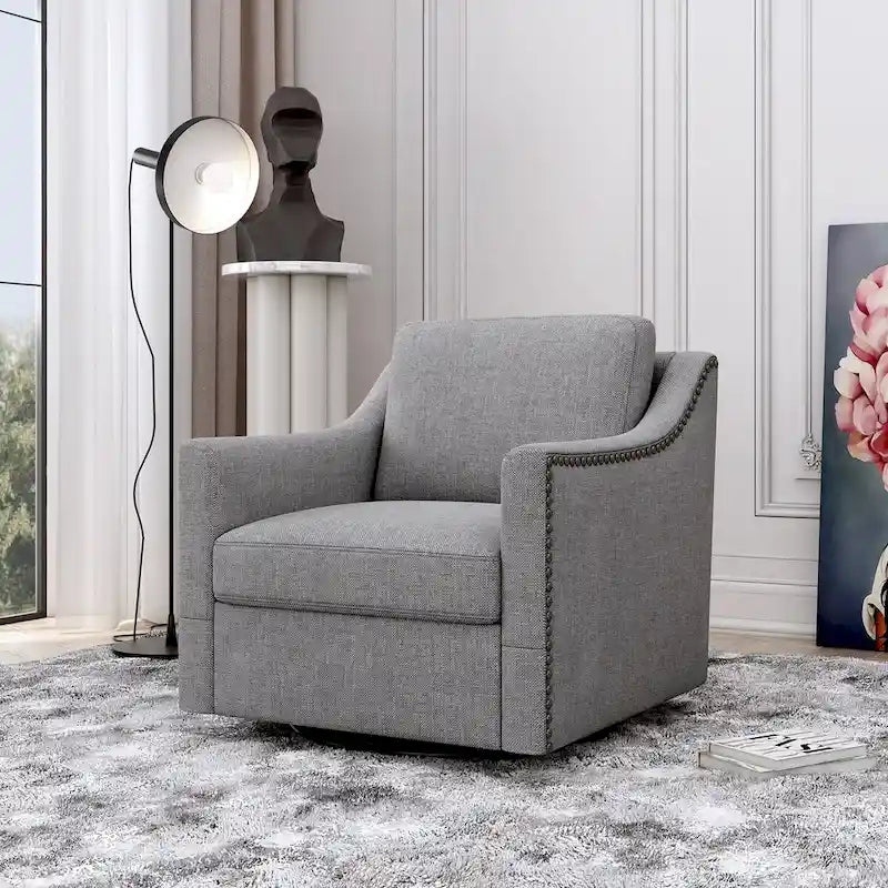 Fauteuil pivotant à 360 degrés, en lin mélangé gris, revêtement en velours doux et moderne, pieds noirs, pour l'intérieur.