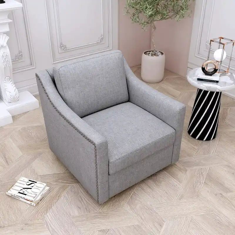 Fauteuil pivotant à 360 degrés, en lin mélangé gris, revêtement en velours doux et moderne, pieds noirs, pour l'intérieur.