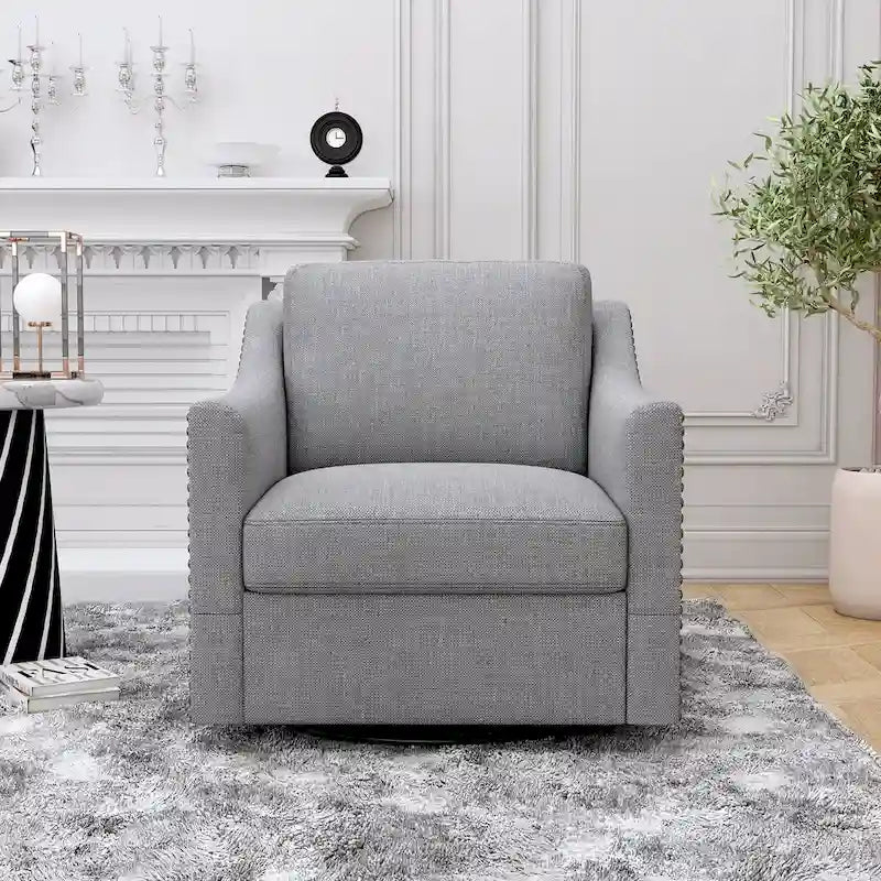 Fauteuil pivotant à 360 degrés, en lin mélangé gris, revêtement en velours doux et moderne, pieds noirs, pour l'intérieur.