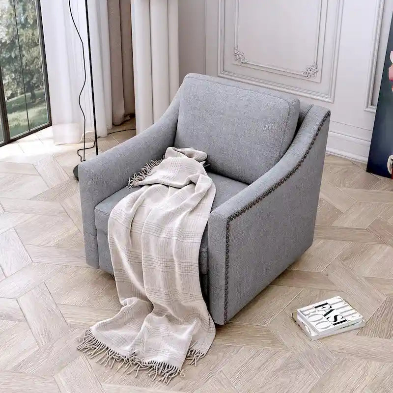 Fauteuil pivotant à 360 degrés, en lin mélangé gris, revêtement en velours doux et moderne, pieds noirs, pour l'intérieur.
