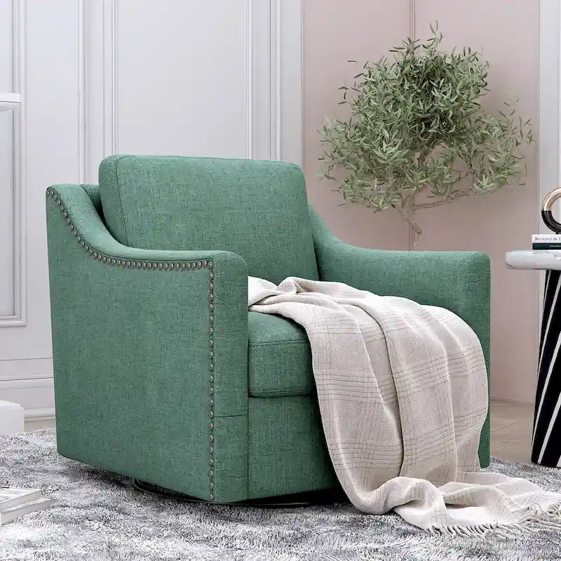 Fauteuil pivotant à 360 degrés, en lin mélangé gris, revêtement en velours doux et moderne, pieds noirs, pour l'intérieur.