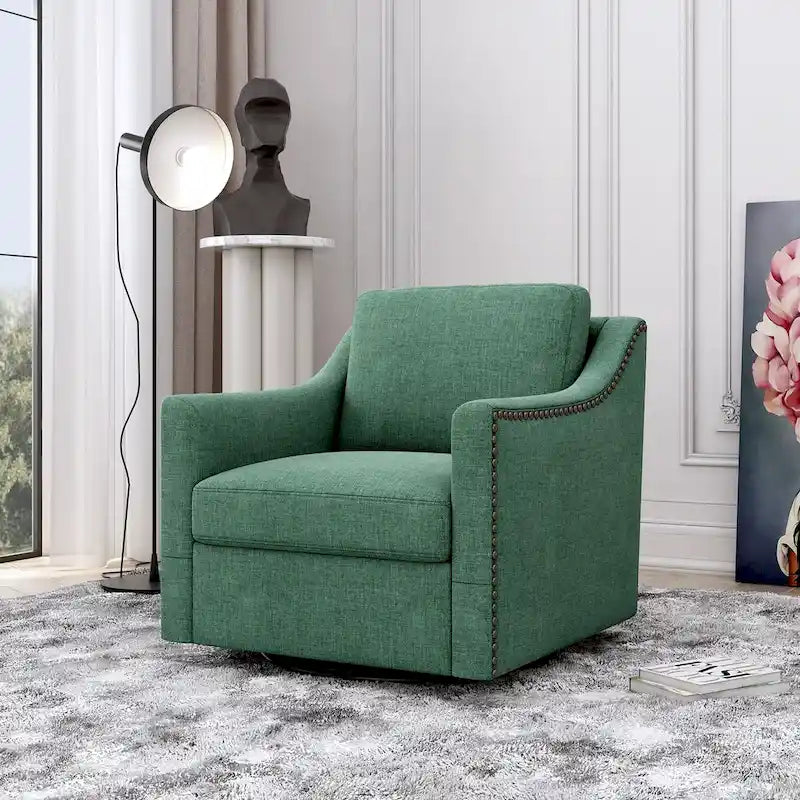 Fauteuil pivotant à 360 degrés, en lin mélangé gris, revêtement en velours doux et moderne, pieds noirs, pour l'intérieur.