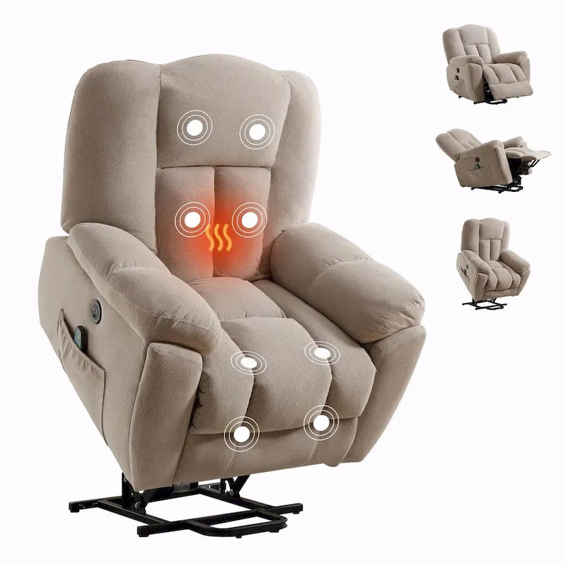 Fauteuil releveur électrique avec fonction chauffante et massante, port USB