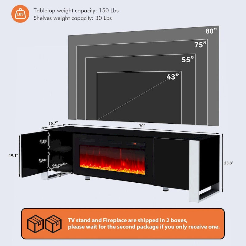 Centre de divertissement moderne de 70 pouces avec foyer de 36 pouces