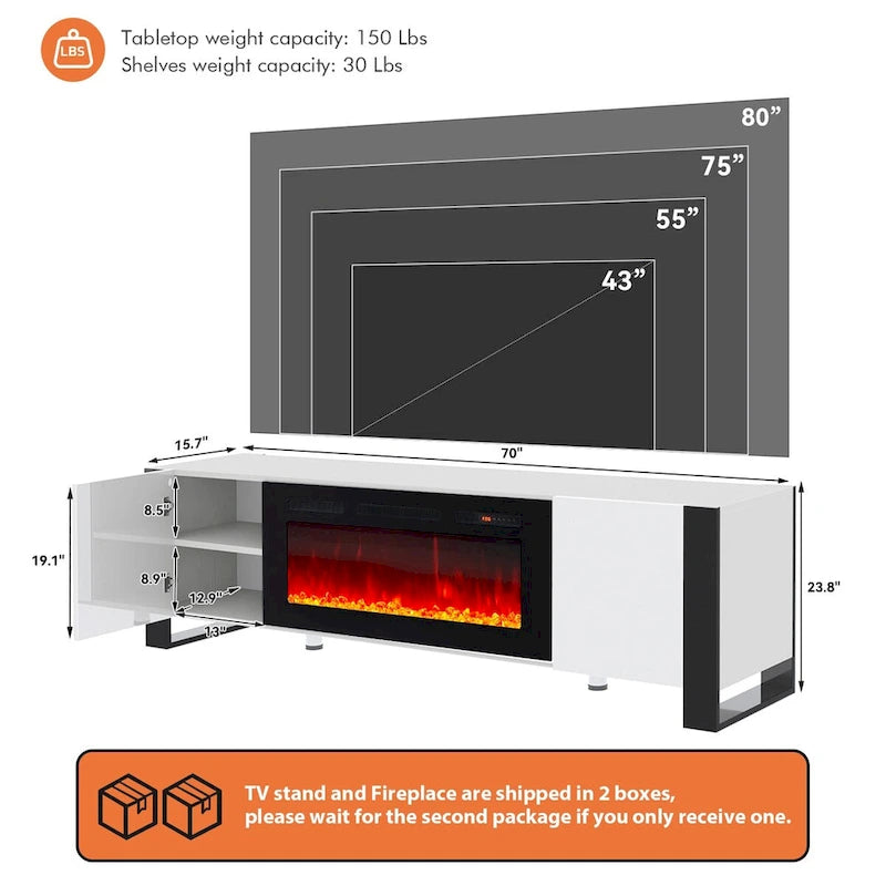 Centre de divertissement moderne de 70 pouces avec foyer de 36 pouces