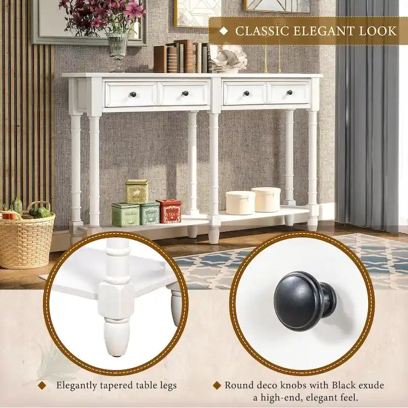 Table console, table d'appoint facile à monter, avec deux tiroirs de rangement et une étagère inférieure, idéale pour le salon ou l'entrée.