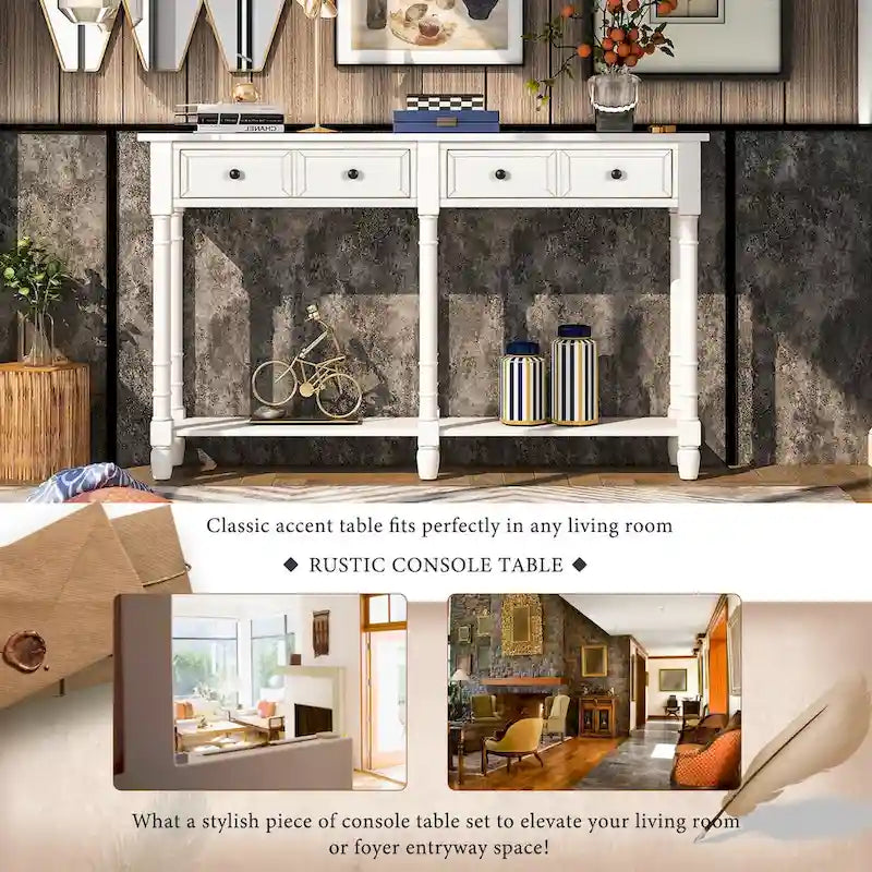 Table console, table d'appoint facile à monter, avec deux tiroirs de rangement et une étagère inférieure, idéale pour le salon ou l'entrée.