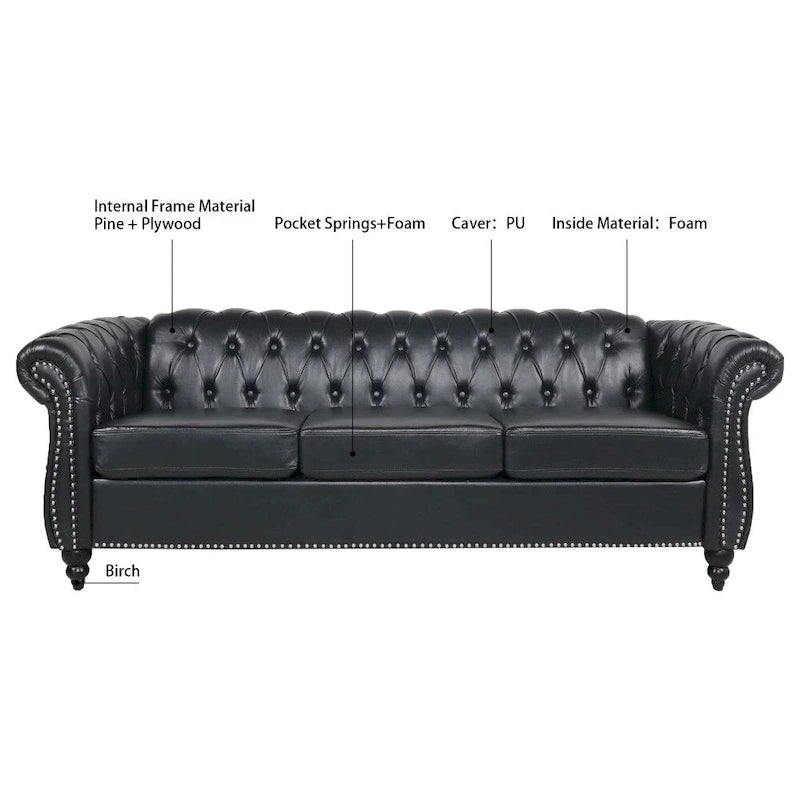 Canapé Chesterfield 3 places à accoudoirs roulés en polyuréthane 84,65