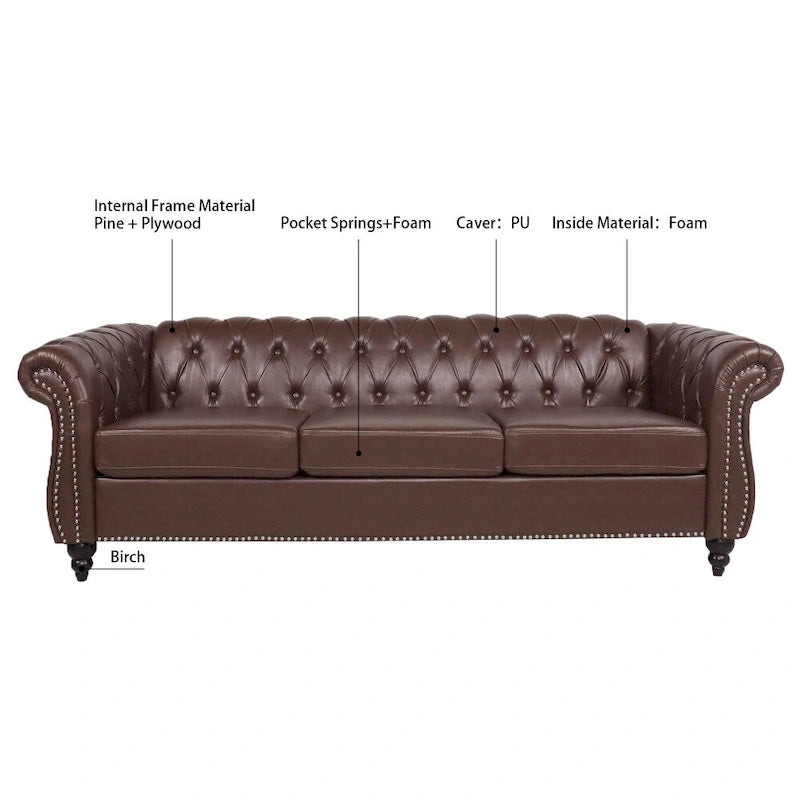 Canapé Chesterfield 3 places à accoudoirs roulés en polyuréthane 84,65