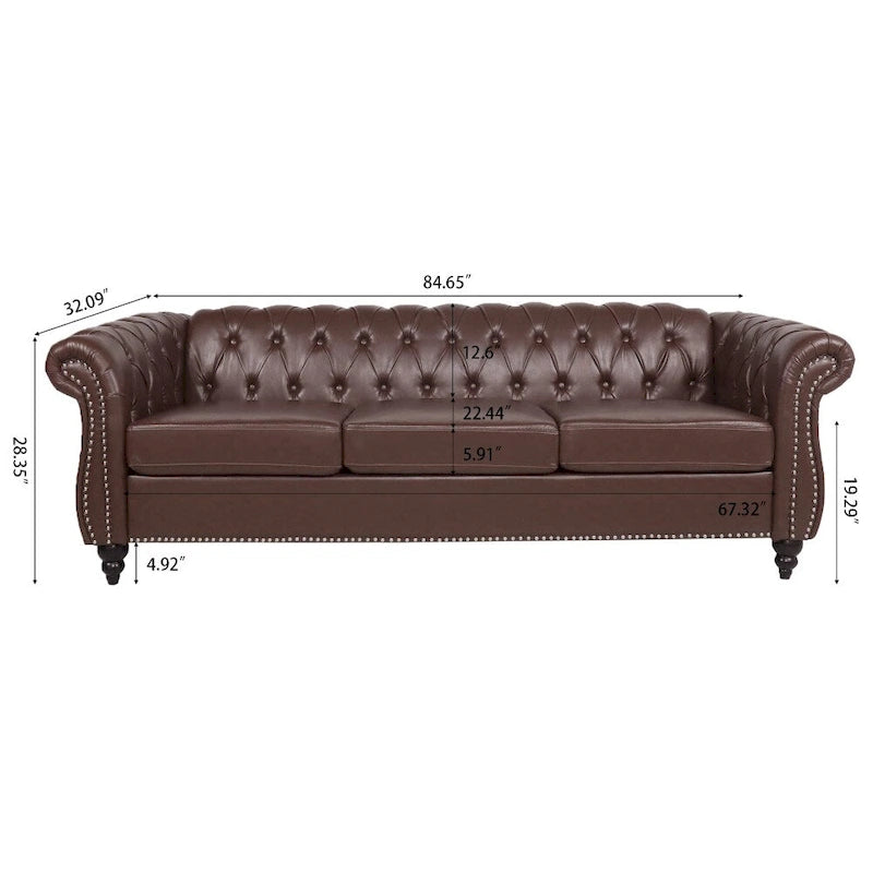 Canapé Chesterfield 3 places à accoudoirs roulés en polyuréthane 84,65