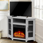 Meuble TV d'angle industriel avec cheminée électrique de 45 pouces et console avec foyer électrique de 17 pouces.