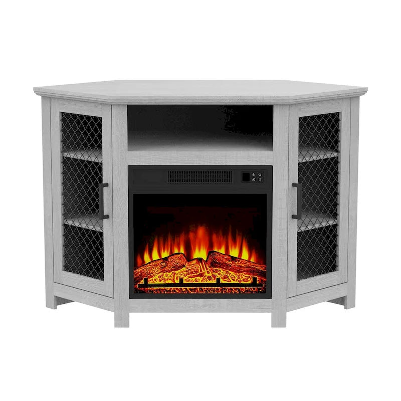 Meuble TV d'angle industriel avec cheminée électrique de 45 pouces et console avec foyer électrique de 17 pouces.