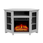 Meuble TV d'angle industriel avec cheminée électrique de 45 pouces et console avec foyer électrique de 17 pouces.