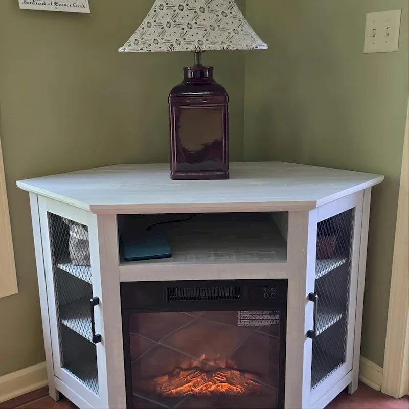 Meuble TV d'angle industriel avec cheminée électrique de 45 pouces et console avec foyer électrique de 17 pouces.