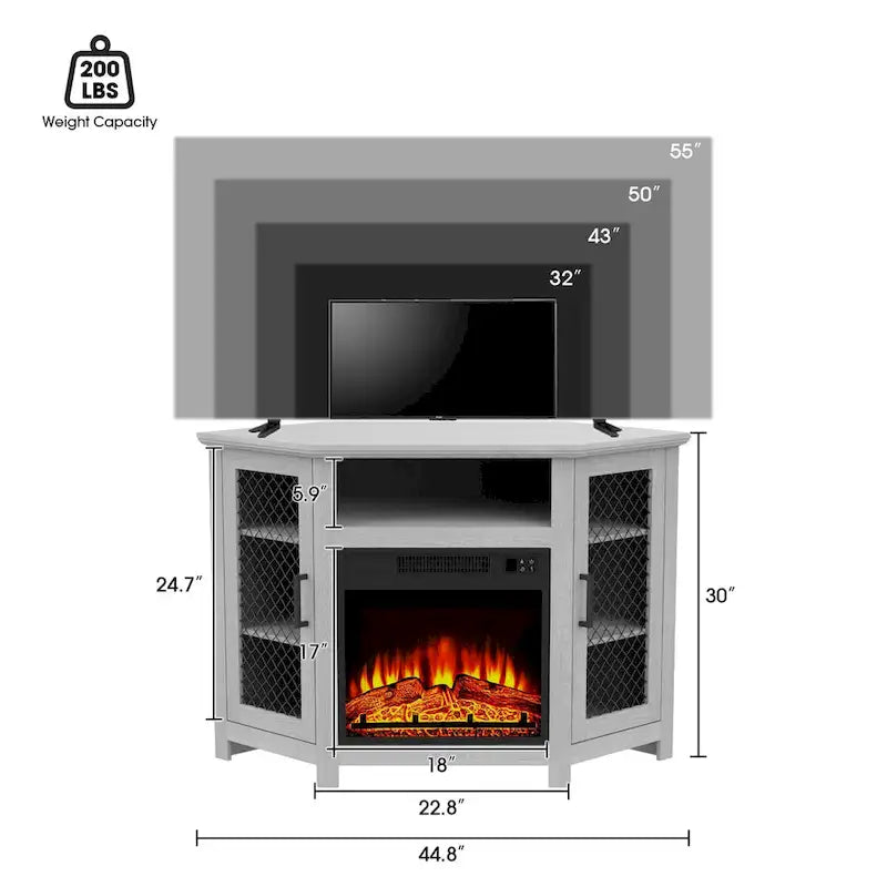 Meuble TV d'angle industriel avec cheminée électrique de 45 pouces et console avec foyer électrique de 17 pouces.