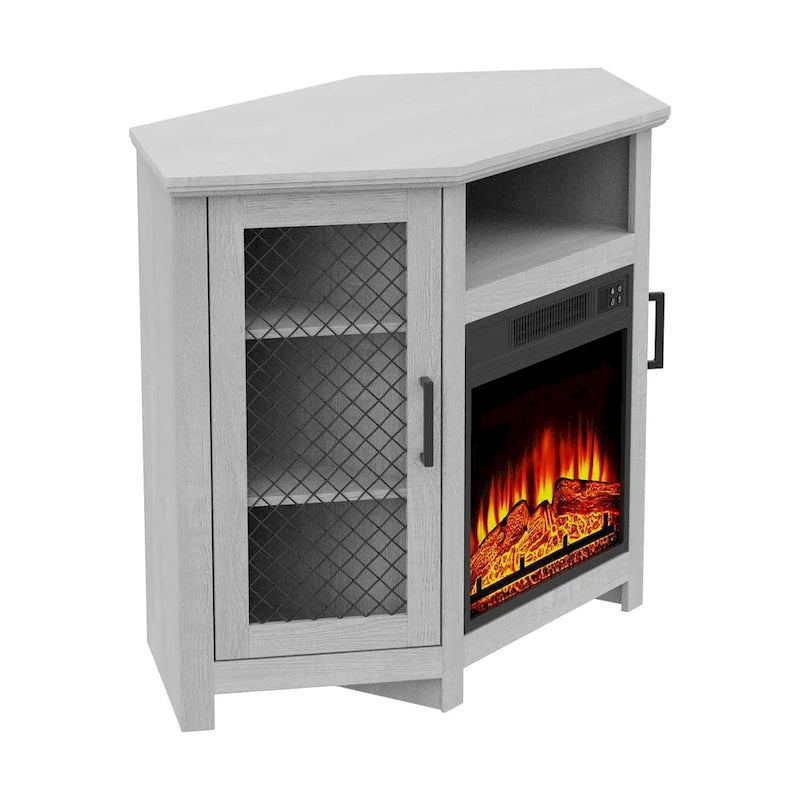 Meuble TV d'angle industriel avec cheminée électrique de 45 pouces et console avec foyer électrique de 17 pouces.
