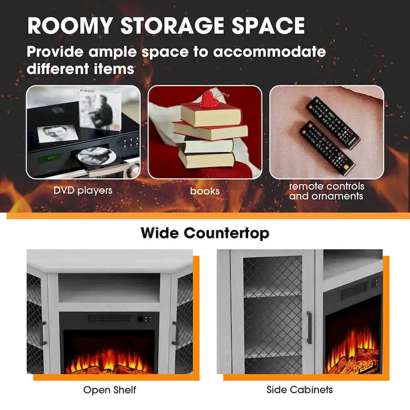 Meuble TV d'angle industriel avec cheminée électrique de 45 pouces et console avec foyer électrique de 17 pouces.