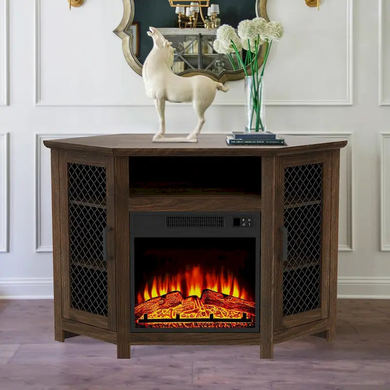 Meuble TV d'angle industriel avec cheminée électrique de 45 pouces et console avec foyer électrique de 17 pouces.