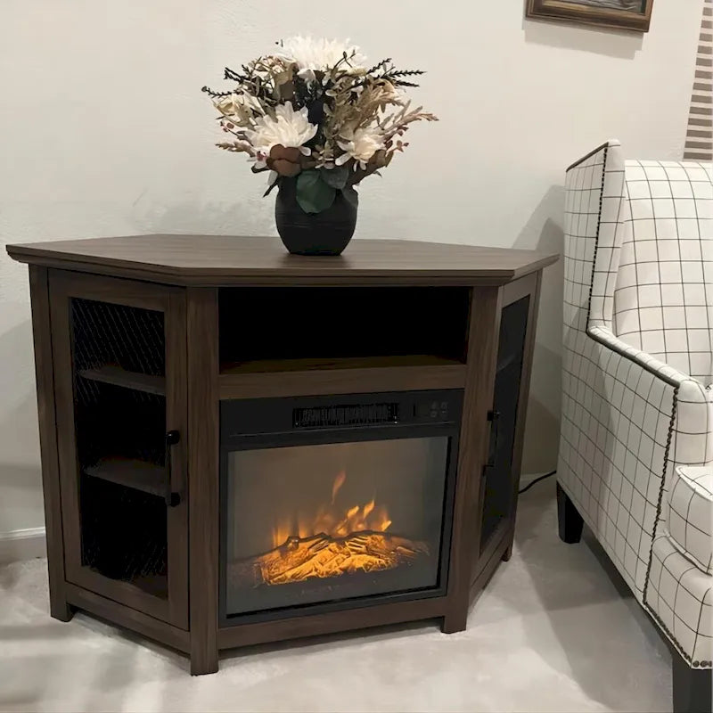 Meuble TV d'angle industriel avec cheminée électrique de 45 pouces et console avec foyer électrique de 17 pouces.
