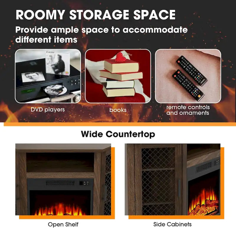 Meuble TV d'angle industriel avec cheminée électrique de 45 pouces et console avec foyer électrique de 17 pouces.