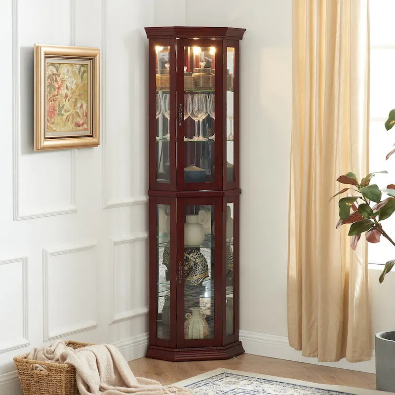 Corner Curio Cabinet with Lights, Adjustable Tempered Glass Shelves, Mirrored Back, Display Cabinet