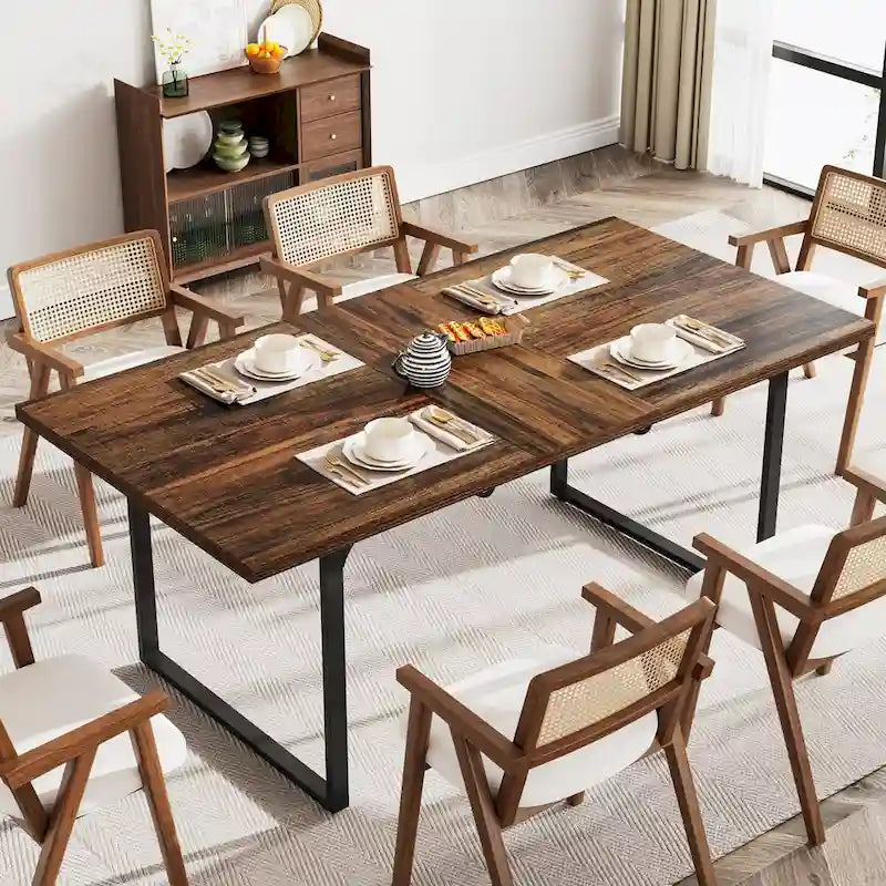 Table de salle à manger extensible pour 6 à 8 personnes, table rectangulaire en bois avec structure en métal