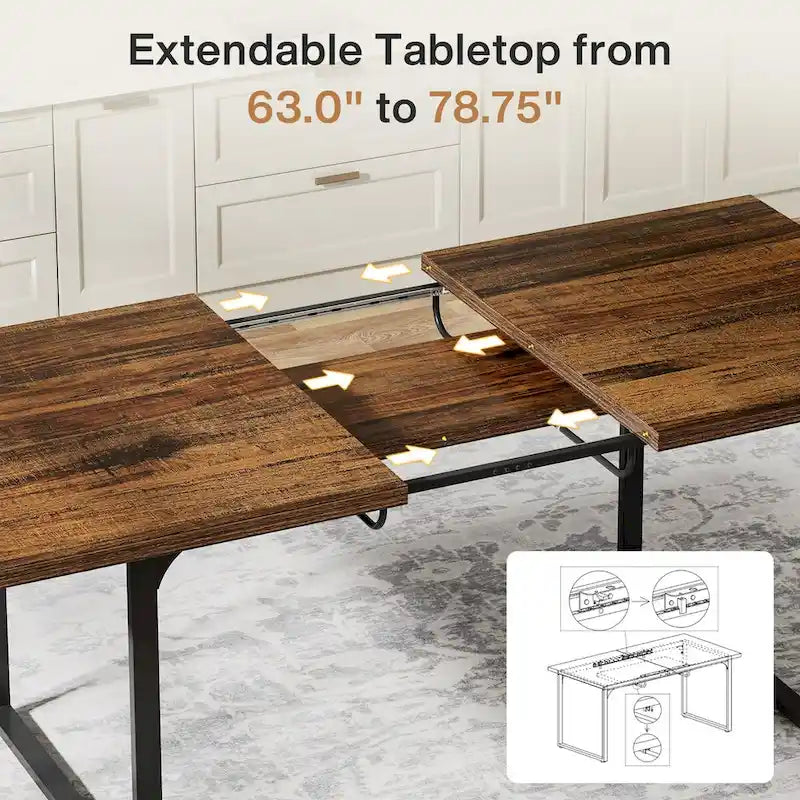 Table de salle à manger extensible pour 6 à 8 personnes, table rectangulaire en bois avec structure en métal