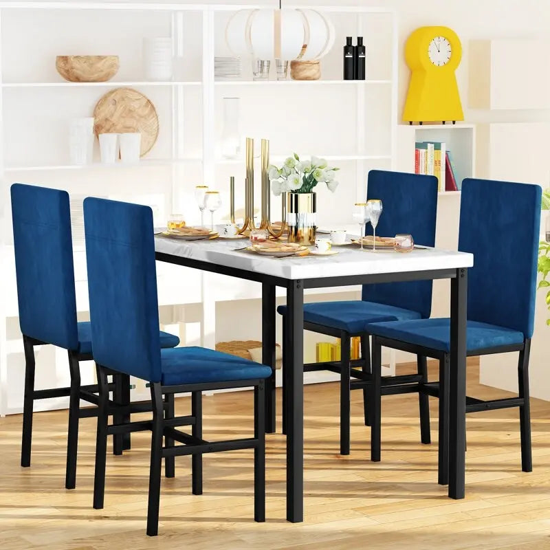 Ensemble de table à manger 5 pièces pour 4 personnes, table de cuisine en faux marbre avec chaises en velours pour petits espaces, coin repas, salon