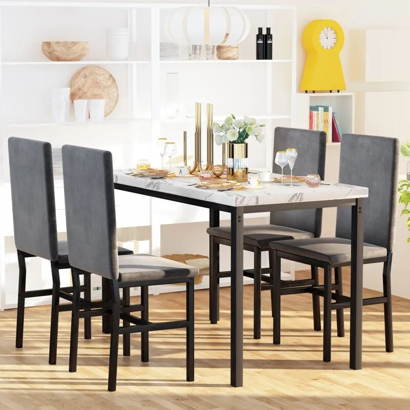 Ensemble de table à manger 5 pièces pour 4 personnes, table de cuisine en faux marbre avec chaises en velours pour petits espaces, coin repas, salon