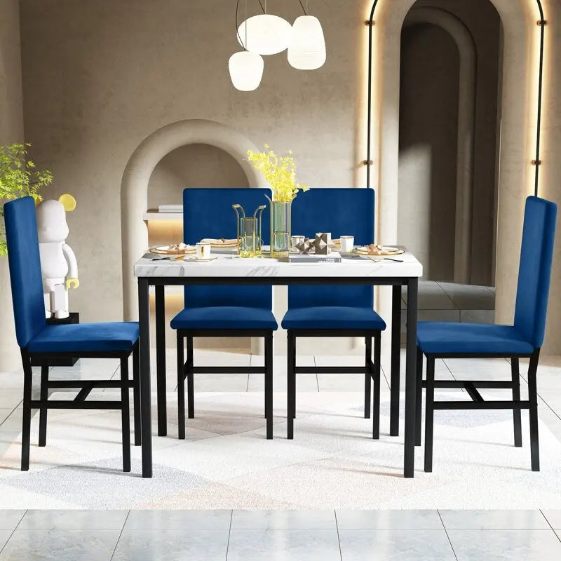 Ensemble de table à manger 5 pièces pour 4 personnes, table de cuisine en faux marbre avec chaises en velours pour petits espaces, coin repas, salon