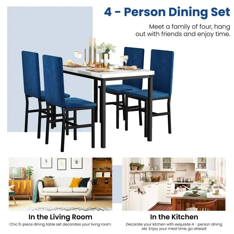 Ensemble de table à manger 5 pièces pour 4 personnes, table de cuisine en faux marbre avec chaises en velours pour petits espaces, coin repas, salon