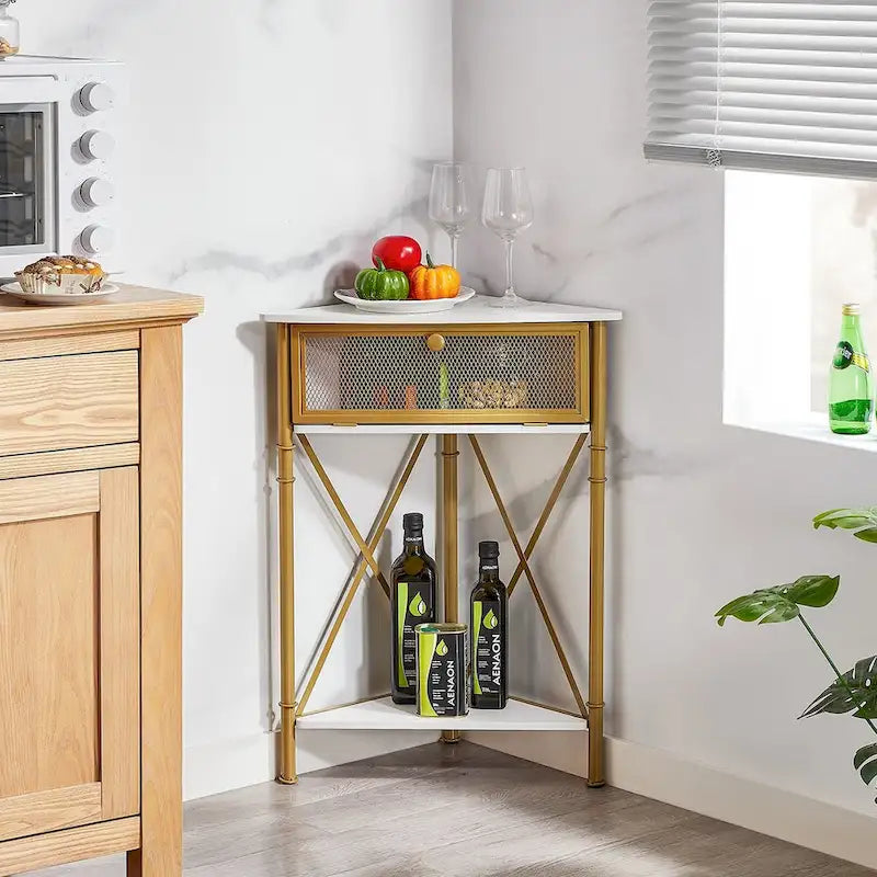 Table d'angle Javlergo avec tiroir et étagère de rangement, meuble de sol triangulaire autoportant pour cuisine, salon et chambre