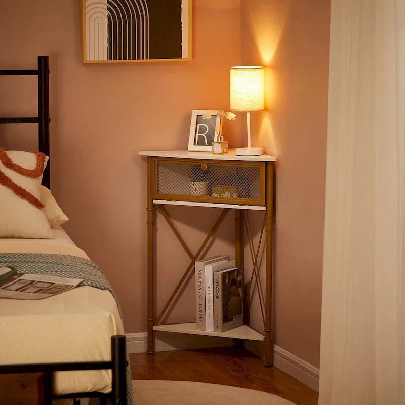 Table d'angle Javlergo avec tiroir et étagère de rangement, meuble de sol triangulaire autoportant pour cuisine, salon et chambre