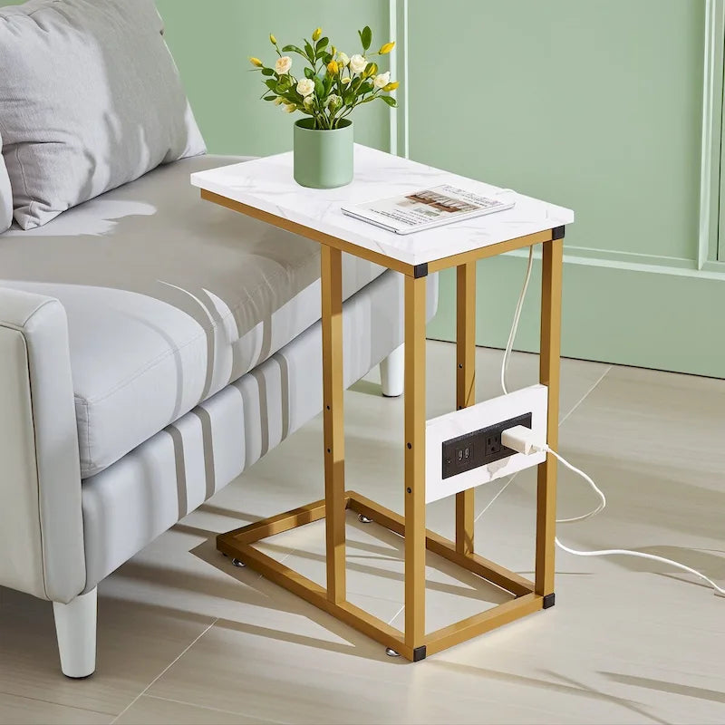 Table d'appoint en forme de C Javlergo, petite table de chevet avec ports USB et prises électriques pour les petits espaces