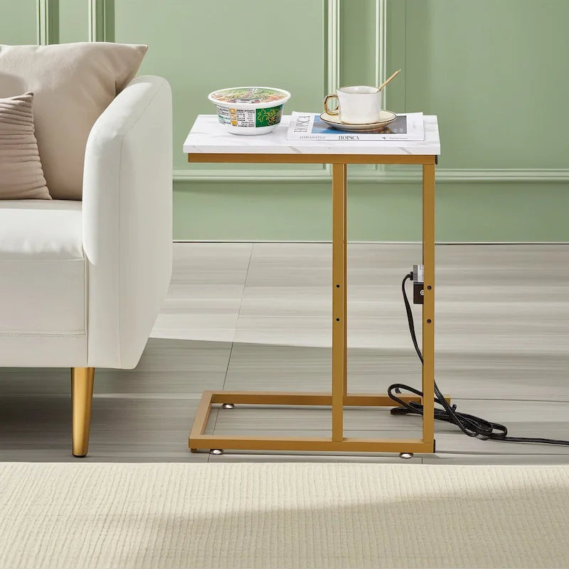 Table d'appoint en forme de C Javlergo, petite table de chevet avec ports USB et prises électriques pour les petits espaces